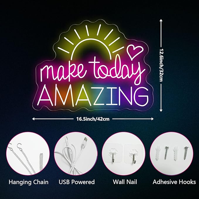 Make Today Amazing Neon Sign Heart Sunrise Positive Led Neon Light for Wall Decor Inspirational Rainbow Color Light Sign Boho Wall Art LED Neon Light Up Sign for Party Wedding Birthday School Gym