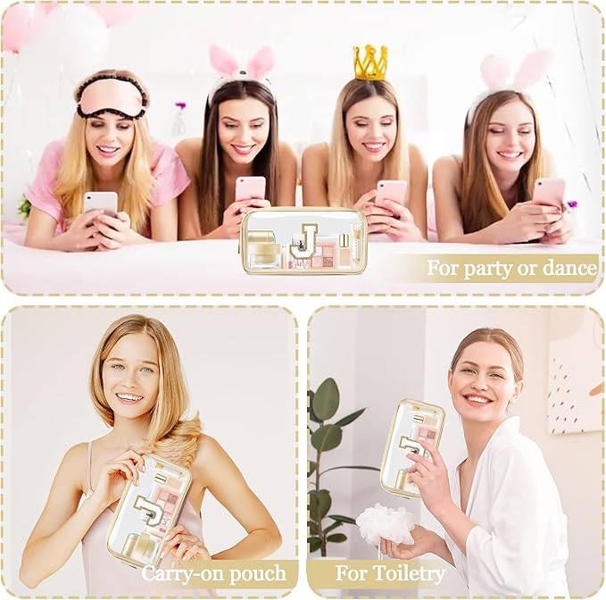 Small Clear Personalized Initial Makeup Bag,Nylon Preppy A-Z Chenille Letter Patch Cosmetic Pouch Beach Toiletry Bag,Waterproof Zipper Travel Purse Storage Bag Organizer for Women Girls(Beige-White J)