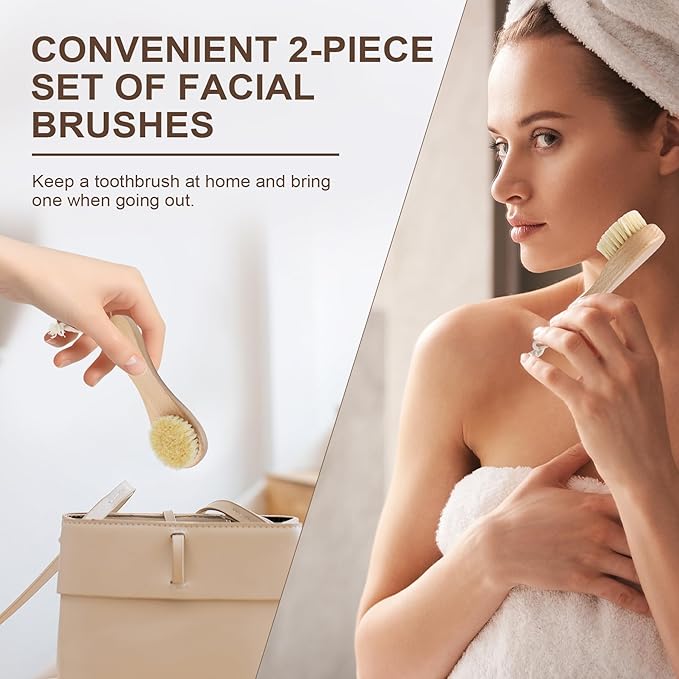 Wooden Face Dry Brush with Natural Boar Bristle 2-Pack Exfoliating Facial Dry Brush with Hanging Rope - Gentle for Face & Body Cleaning