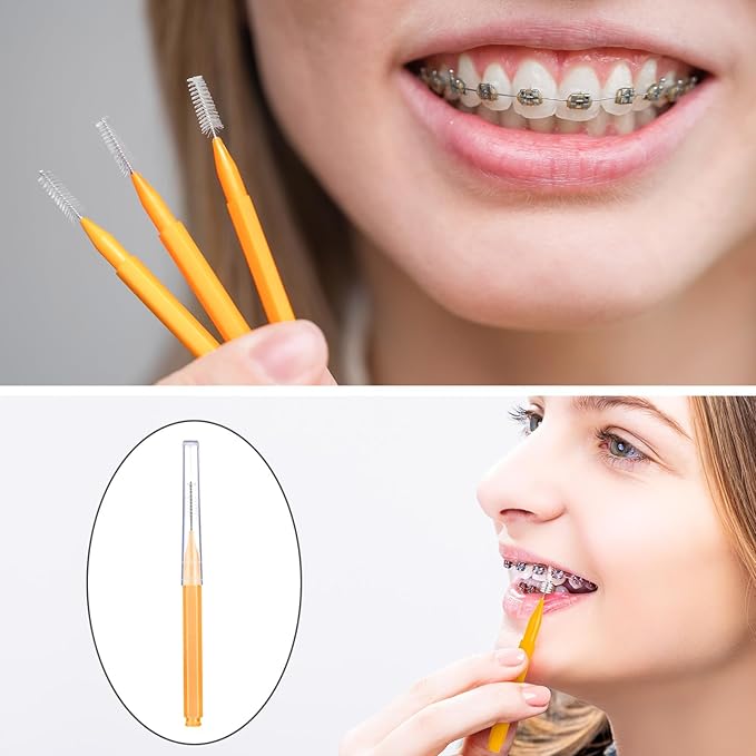 Patelai 100 Pieces Braces Brush for Cleaner Interdental Brush Toothpick Dental Tooth Flossing Head Oral Dental Hygiene Flosser Toothpick Cleaners Tooth Cleaning Tool(Orange,Ideal Size)