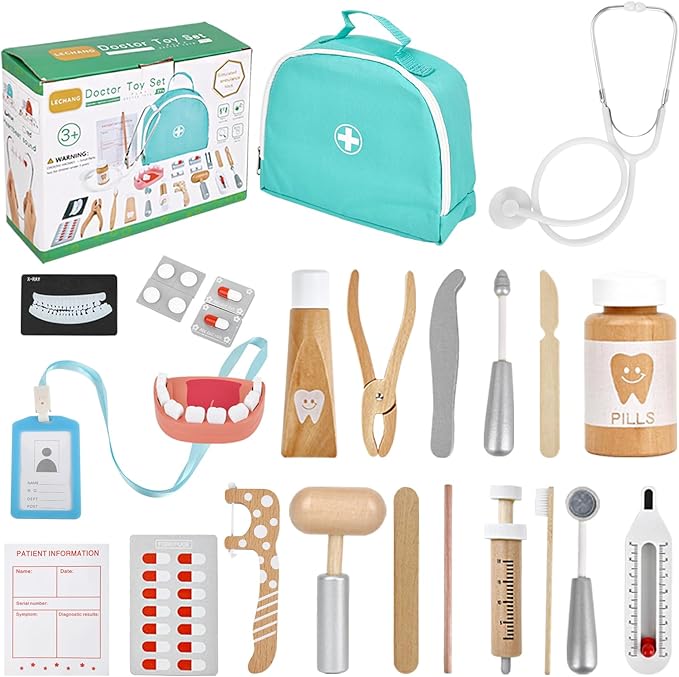 Doctor Kit for Kids, Dentist Pretend Play Educational Doctor Toy Set, 25Pcs Wooden Medical Kit with Stethoscope & Bag & Pretend Teeth & Doctor Toys, Role Play Toys for Girls and Boys 3-8 Years Old