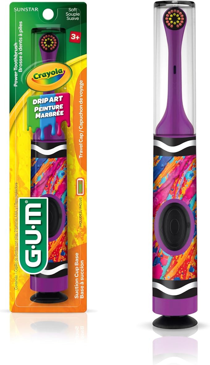 GUM Crayola Power Toothbrush for Kids, Extra Soft Bristled Toddler Toothbrushes, Travel Cap + Suction Cup Base, Batteries Included, 1 Count