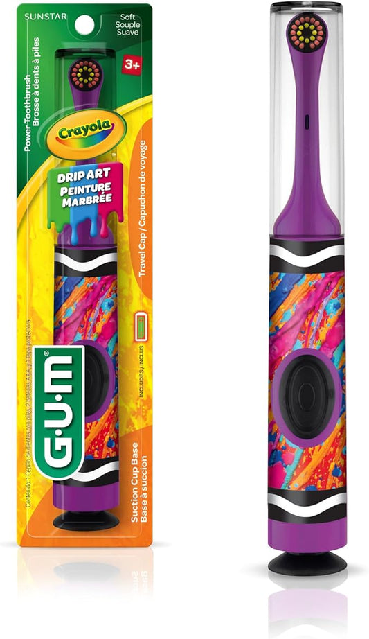 GUM Crayola Power Toothbrush for Kids, Extra Soft Bristled Toddler Toothbrushes, Travel Cap + Suction Cup Base, Batteries Included, 1 Count