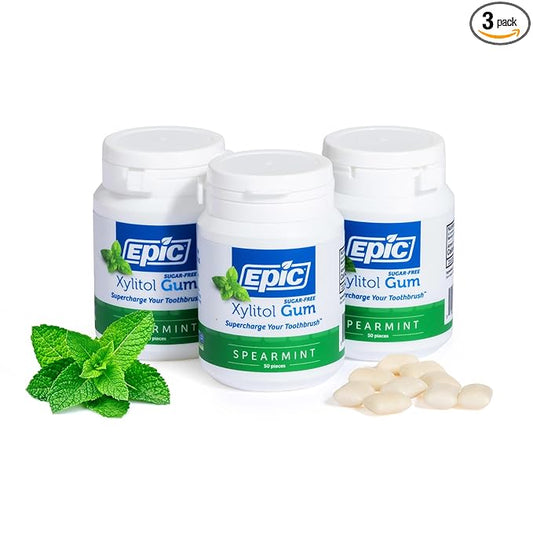 Epic 100% Xylitol Spearmint Chewing Gum - Sugar Free, Aspartame Free Dental Gum - Supports Oral Health & Fresh Breath - 50 Pieces (Pack of 3)