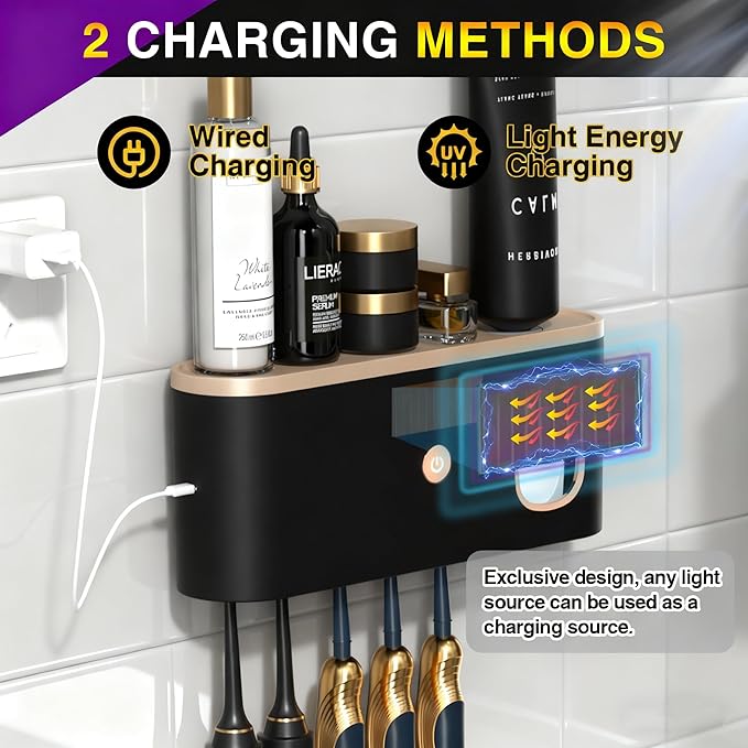 Toothbrush Holders for Bathrooms, Toothbrush Holder Wall Mounted with Toothpaste Dispenser, Rechargeable Cordless Wall Mounted Tooth Brushing Holder