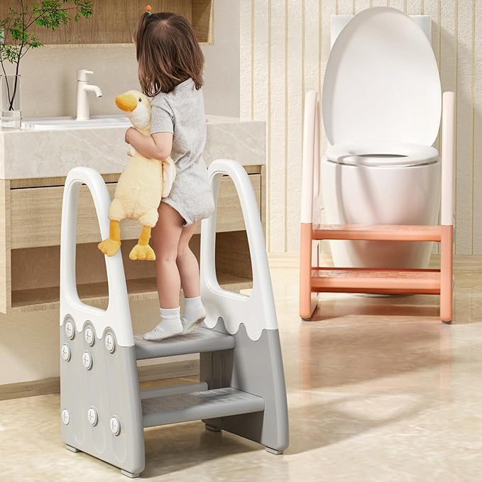 Two Step Stool with Handrails for Toddler and Kids, Standing Learning Stool Tower for Bathroom Sink, Potty Training, Children Step Up Learning Helper with Handles and Safety Non-Slip Pads(Gray)