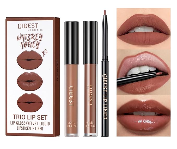 MAEPEOR All In One Lip Kit 3 In 1 Smooth Lipliner Lipgloss and Lipstick Set with Matte Velvet Liquid Lipstick Hydrating Moisturizing Lip Gloss and Creamy Lip Liner (Kit 05, Whiskey Honey)