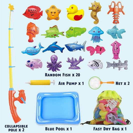 CozyBomB™ Magnetic Fishing Toys Game Set for Kids | Water Table Bathtub Kiddie Pool Party Pole Rod Net, Outdoor Plastic Floating Fish, Toddler Bath Color Ocean Sea Animals Birthday Gift Age 3-5 6 4-8