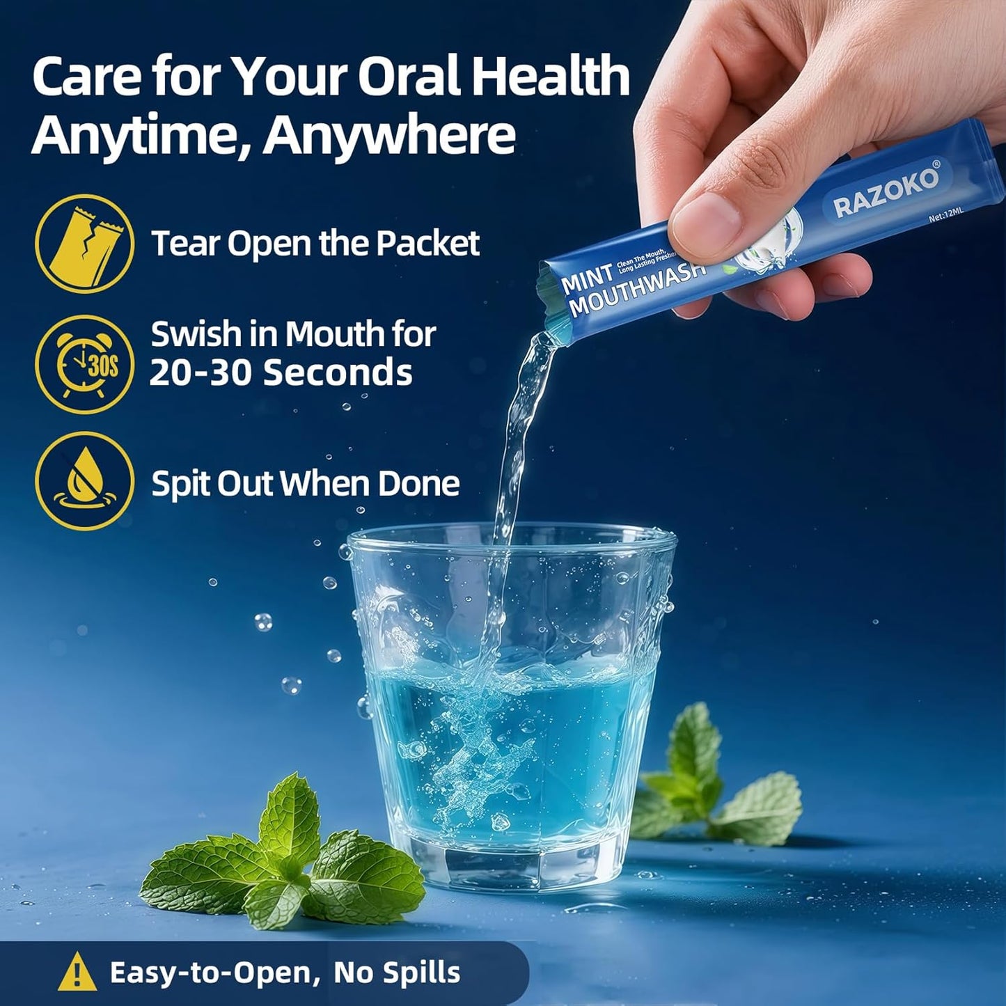 RAZOKO Mouthwash Travel Size-Portable Fresh Mint Packets,Alcohol & Fluoride Free Mouthwash,Disposable Oral Care Strips