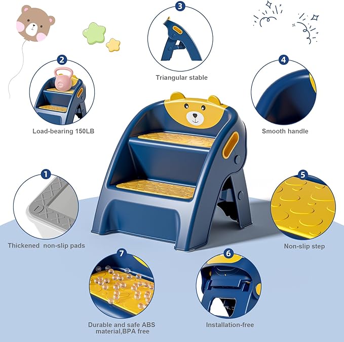 Folding Toddler Step Stool for Bathroom and Potty Training,Anti-Slip, Anti-Tip A-Frame Design with 10-Second Setup-Potty 2 Step Stool for Kids