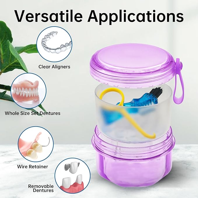 Leakproof Denture Case Purple Denture Soaking Cup False Teeth Container, Dental Denture Bath Holder Storage Box Retainer Cleaner Case for Traveling - Leak Proof and Lid Waterproof