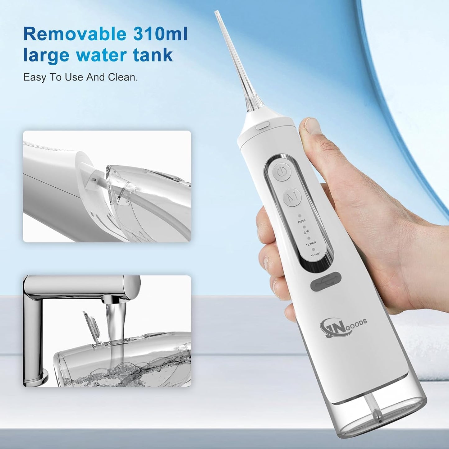Cordless Water Dental Flosser Oral irrigator,JNGOODS 310ml Rechargeable Water flosser for Teeth IPX7 Waterproof 4 Modes Portable Oral Irrigator with 4 Jet Tips,Travel Home use (White)