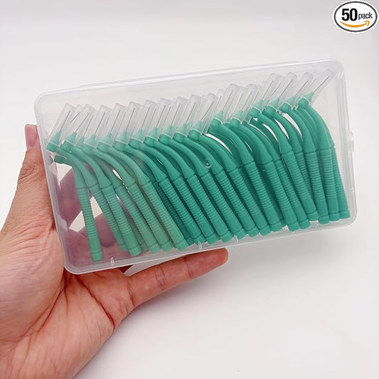 50 Pcs Interproximal Brush, Gum Interdental Brushes, L Angle Reusable Dental Cleaners Brushes,Disposable Oral Dental Hygiene Brush,Dental Toothpick Floss for Braces,Tooth Cleaning Tool (Green)