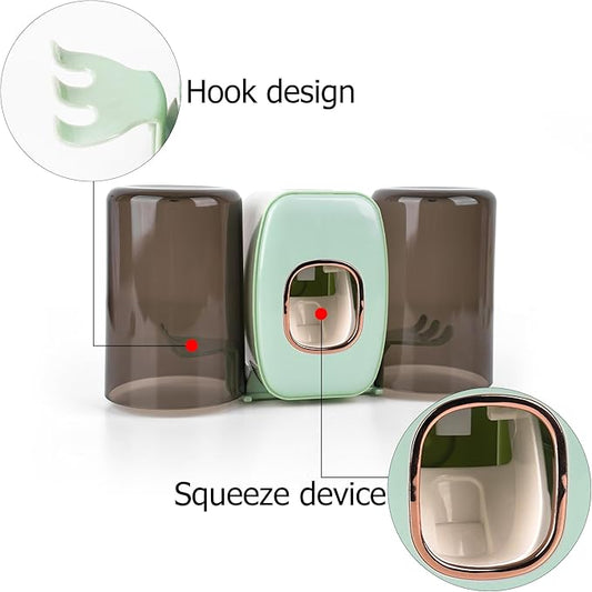 4 Slots Wall Mount Toothbrush Holder with Cover, Self Adhesive Toothbrush Storage Organizer for Shower, Toothbrush Hanger with 2 mouthwash Cups for Bathroom, Medicine Cabinet, Dorm(Green)