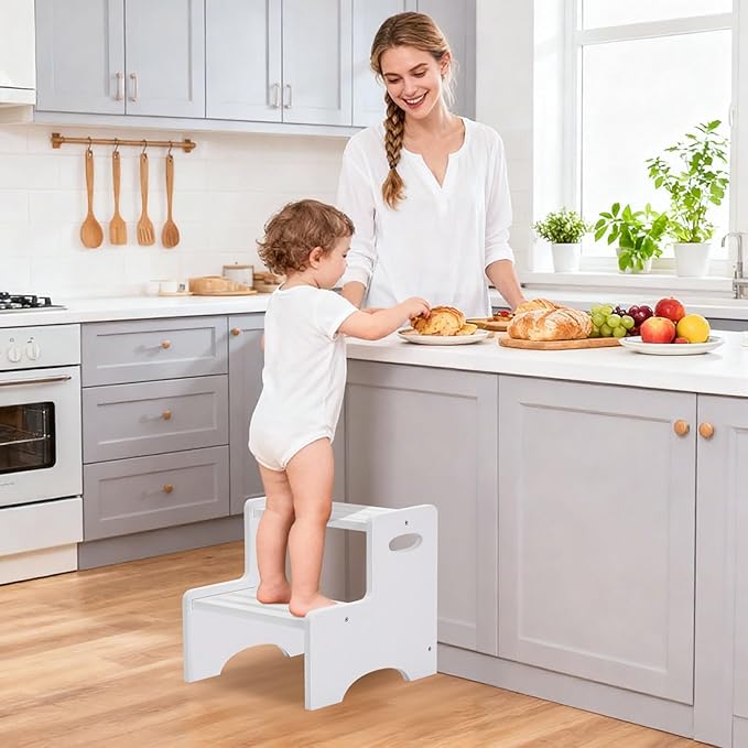 Wooden Toddler Step Stool for Kids, Two Step Stool with Non-Slip Pads & Handles, Potty Training Stool for Bathroom Sink, Toilet, Kitchen, Bedroom (White)