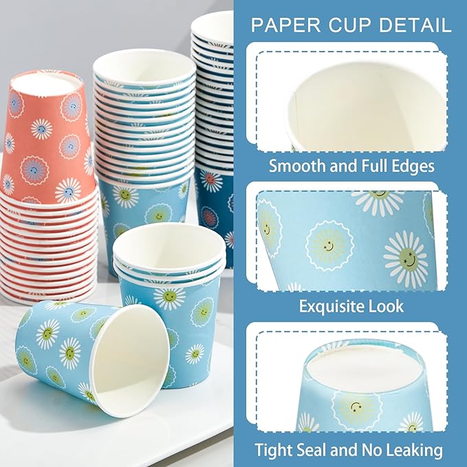 SIUQ 300 Pack 5 oz Paper Cups, Disposable Bathroom Cups, Small Mouthwash Cups, Hot/Cold Beverage Drinking Mini Cup for Party, Picnic, BBQ, Travel (Daisy)