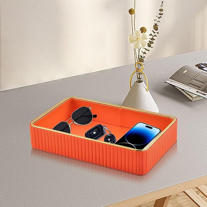PU Leather Valet Tray,Desk Organizer Tray Nightstand Organizer Trinket Dish Storage Key Bowl Decorative Trays for Phone Wallet Jewelry Watch Bathroom Bedroom Perfume Vanity Trays,Orange