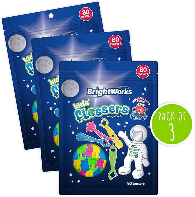 BrightWorks Kids Fun Space Flossers, Mixed Berry Flavor Fluoride [240 Floss Picks Total] Colorful Space Shapes: Astronaut, Rocketship, UFO, Earth. 100% Recycled Plastic Material. 80 Count (Pack of 3)