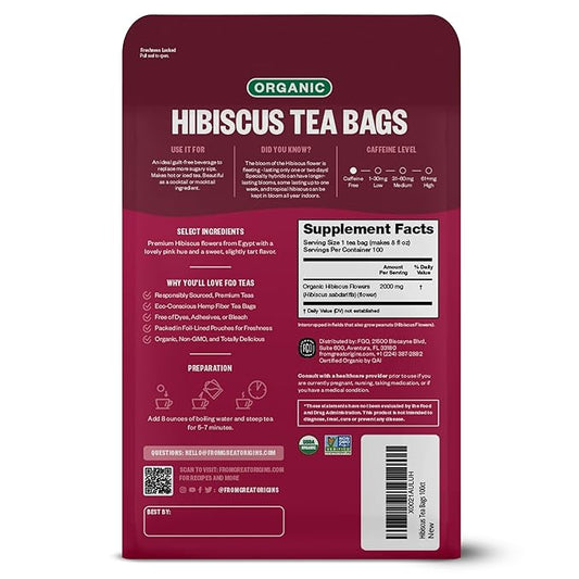 FGO Organic Hibiscus Tea, 100 Count, Eco-Conscious Tea Bags, Caffeine Free, Packaging May Vary (Pack of 1)