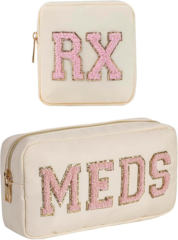 2Pcs Chenille Letter Patch Nylon Medicine Makeup Bag Set,Cute MEDS Travel Makeup Bag with Metal Zipper, First Aid Purse Organizer Cosmetic Bag for Women and Girls(Beige MEDS-RX)