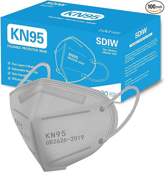 100PCS KN95 Face Masks 5 Layer Filter Efficiency≥95% with Elastic Ear Loop and Nose Bridge Clip Breathable Mask Grey