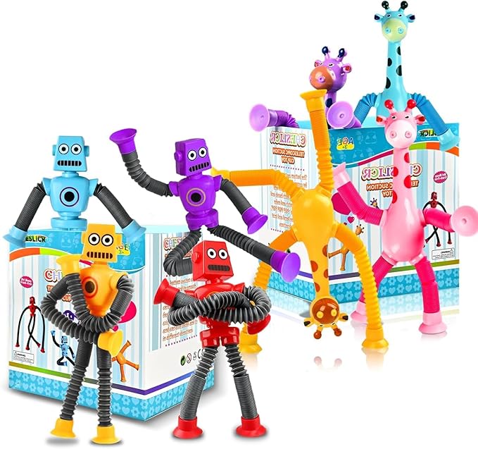 8pc Robot Giraffe Sensory Travel Toys for Toddlers Boy Ages 3 4 5 6 7 8, Airplane Activities Suction Autism Pop Tube Fidget Autistic Stocking Easter Basket Stuffer Valentine Gift for Kids