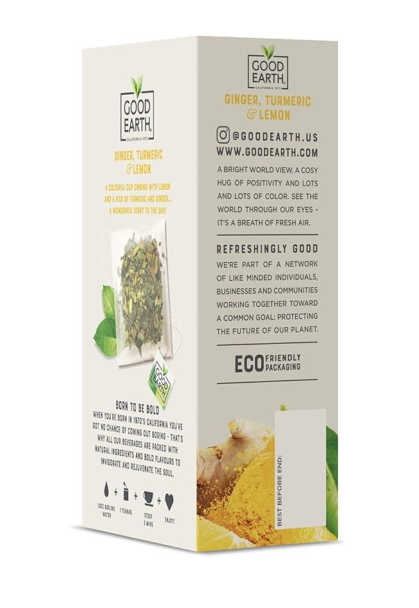 Good Earth Sensorial Blend Flavored Herbal Tea Ginger, Turmeric and Lemon, No Artificial Color, No Preservatives, 15 Bag (Pack of 5)
