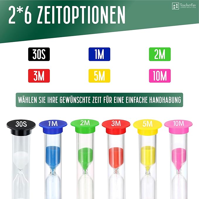 Sand Timer for Kids Set of 12 Small Colorful (Multi) Hour Glass Acrylic Covered Clock - 2 Pcs Each for 30Sec 1Min 2Min 3Min 5Min 10Min for Classroom, Home & Kids Room