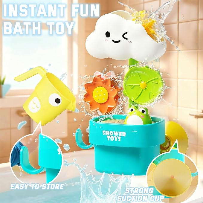 Bath Toys for Toddlers 1-3, Cloud Rain Watering Toy with Rising Frog & Spinning Lotus Leaves, Interactive Sensory Bath Time Fun, Ideal Christmas Shower Gift for Boys & Girls 18M+