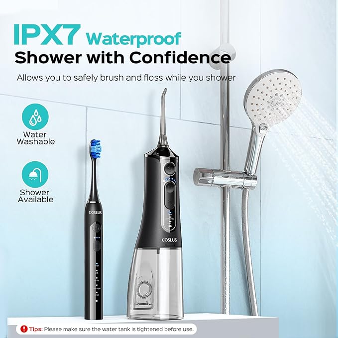 COSLUS Electric Toothbrush with Water Flosser Combo: Portable Oral Clean Kit for Teeth Brushing & Flossing, Multiple Modes for Multiple Users, Cordless for Home & Travel Use, Black, C51C30
