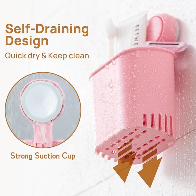 LEVERLOC Powerful Suction Toothbrush Holder 2 Pack, Removable Drill-Free Wall Shower Holder for Toothbrush, Toothpaste, Razor, Self-draining Suction Cup in Shower, Kitchen Tableware Organizer, Pink