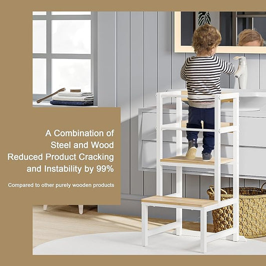 Kitchen Step Stool for Toddlers, Height Adjustable Toddler Tower with Safety Rail, Steel and Wood Toddler Kitchen Stool Helper Kids, Stool for Kids, Learning Tower, Kids' Desk Wood White