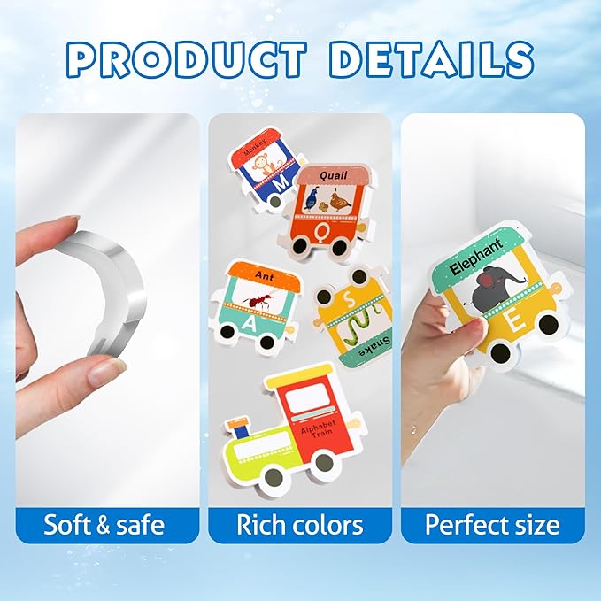 iPlay, iLearn Bath Toy Organizer W/Foam Letters, Toddler Bathtub Toy W/Storage Net, 32 Floating Alphabet Train Puzzle Bathtime Shower Water Play, Learning Birthday Gift 3 4 5 6 Year Old Kid Boy Girl