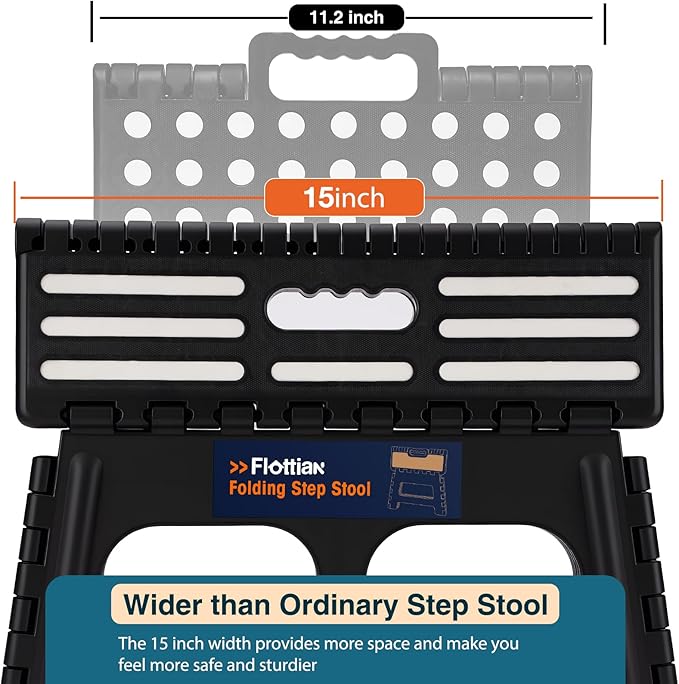 Flottian 9" Folding Step Stool for Adults and Kids 15-Inch Extra Wide Stool Holds Up to 300 lbs,Non-Slip Folding Stools with Handle,Compact Plastic Foldable Step Stool for Bathroom,Kitchen,ect,Black