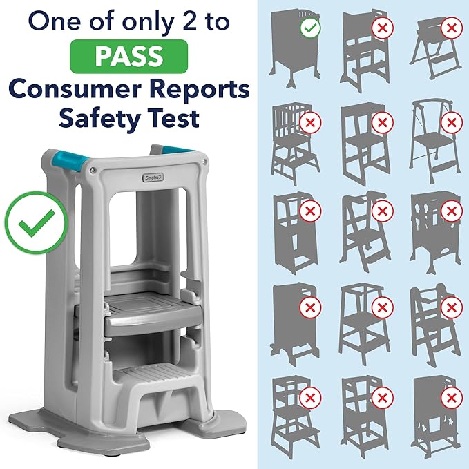 Simplay3 Toddler Tower Montessori Standing Kitchen Step Stool with Sturdy Stabilizing Base and Adjustable Platform, 20.5" D x 26" W x 34.5" H, Ages 18 Months to 5 Years, Gray