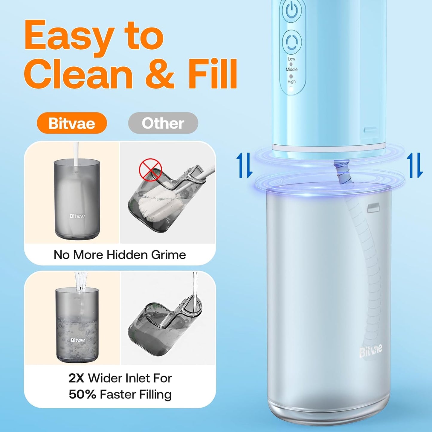 Bitvae P1 Water Dental Flosser, Travel Water Cleaner Picks, Cordless Mini Water Teeth Cleaners with Telescopic Water Tank, IPX7 Waterproof Oral Irrigator, Brace & Sensitive Teeth Care, Sky Blue