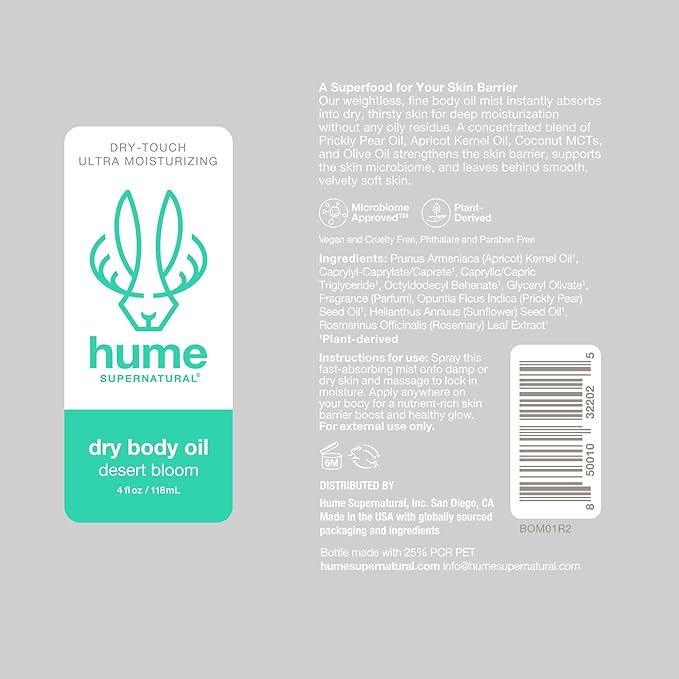 HUME SUPERNATURAL Dry Body Oil Spray - Moisturizing Oil for Dry Skin, After Shower Body Oils for Women and Men, Dry Oil Body Spray, Nourishing, Hydration, Glow, Desert Bloom, 2-Pack