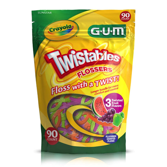 GUM Crayola Twistables Kids Flossers with Fluoride - Designed for Little Hands - Three Fun Fruit Flavors - Easy to Use Kids Floss Picks for Children Ages 3+, 90 Count (Pack of 4)