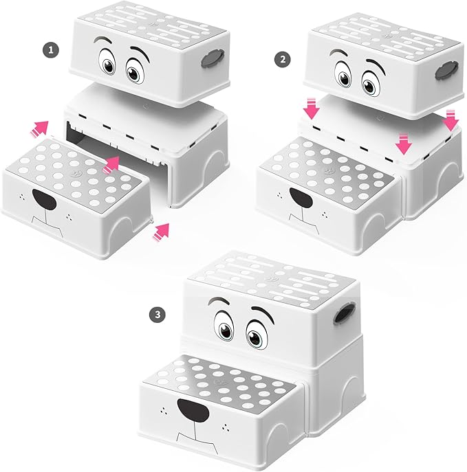 UNCLE WU 2 Step Stool for Kids & Toddlers - Anti-Slip Potty Training Stool for Bathroom Sink, Toilet & Kitchen, 150 lbs Capacity, Lightweight & Sturdy (Grey)