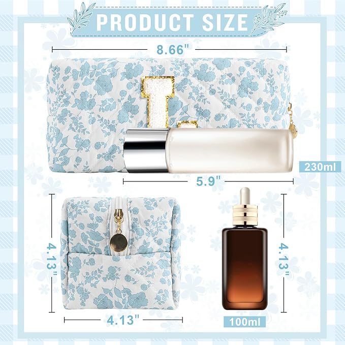 Personalized Quilted Cosmetic Bag, Puffy Monogrammed Christmas Birthday Gifts for Women & Girls, Cute initial Floral Makeup Bag Puffer Coquette Bag, Aesthetic Travel Toiletry Zipper Pouch(Blue,L)