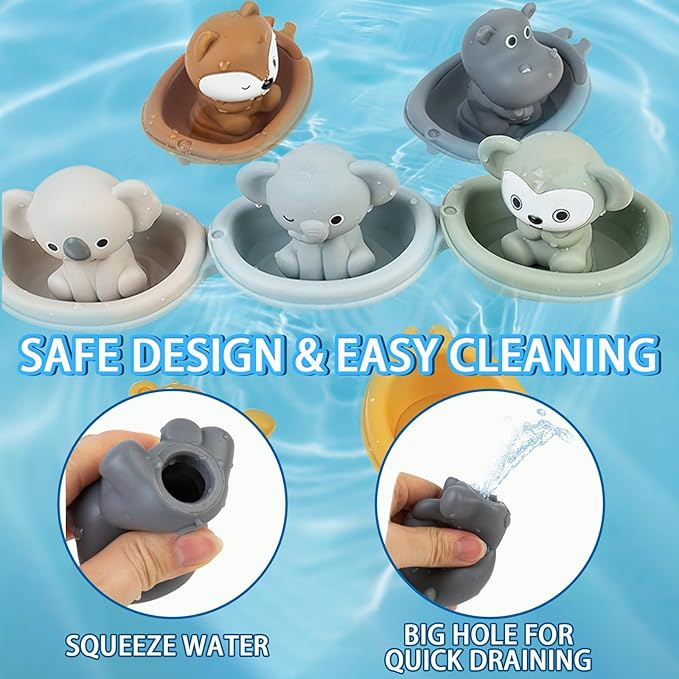 OTONOPI Baby Bath Toys Set 12 Pcs, Floating Bath Toys with 6 Sensory Animal Finger Puppets 6 Stackable Boat, Educational Water Floating Bathtub Pool Beach Toy for Toddlers Babies 18 Months and Up