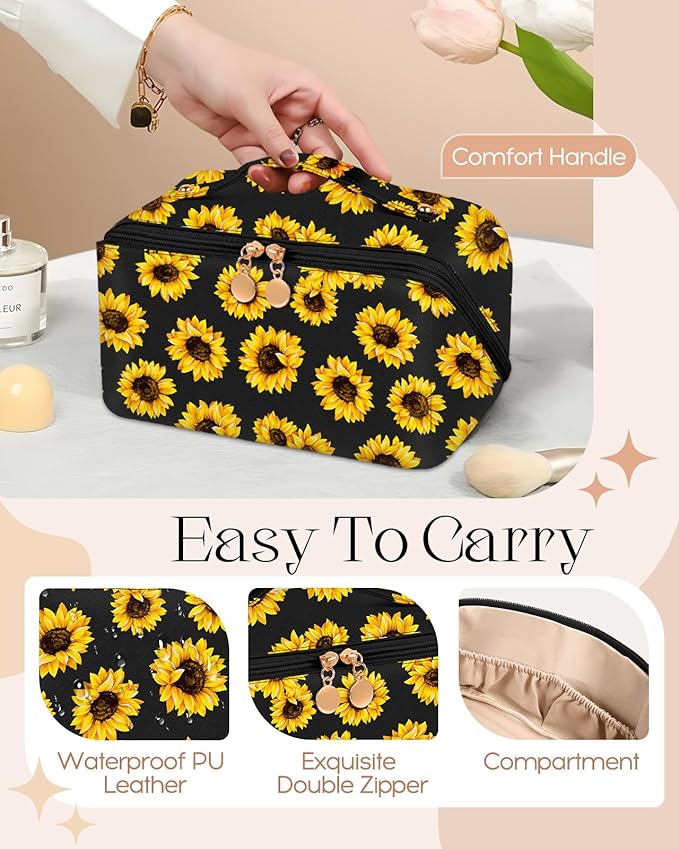 Bistup Makeup Bag Travel Cosmetic Bag Toiletry Make Up Bags Cute Women Large Capacity Big Medium Leather Sunflower Aesthetic Portable Teen Girl Teenage Foldable Expandable Compact Open Flat Zip