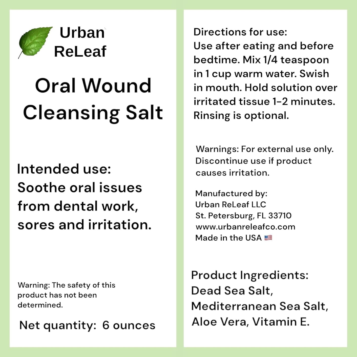 Urban ReLeaf Oral Wound Cleansing Salt 6 oz Bag! Makes 90 Cups of Solution. Soothe, Heal Irritation, Dental Work. 100% Natural, Braces, Mouth, Gum, Canker Sores, Dentures. Made in USA Fresh!