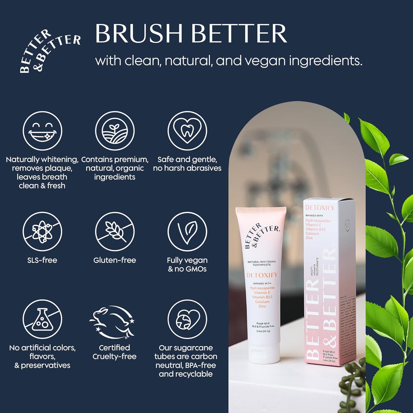 Better & Better Detoxify Hydroxyapatite Toothpaste | Whitening Toothpaste Infused w/Vitamins E & B12, Calcium & Zinc | Fluoride & SLS Free for Sensitive Brushers | Fresh Mint Flavor | 3.4oz, 1 Pack