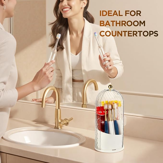 3 Slots Toothbrush Holders with Lid, Rotating Concealed Tooth Brush Holders for Bathroom, Countertop Toothbrush Holder with Cover, Toothpaste Holder for Bathrooms, Makeup Brush Holder(White)