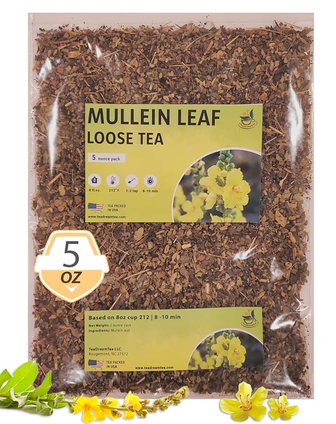 TeaDreamTea Dried Mullein Herbal Tea - Natural Mullein Flowers 5 fl.OZ Loose Tea - Caffeine-free - Pure Natural Premium Mullein Leaf - Mullein Herbal Teas with Cleanse Detox & Respiratory Support Effect