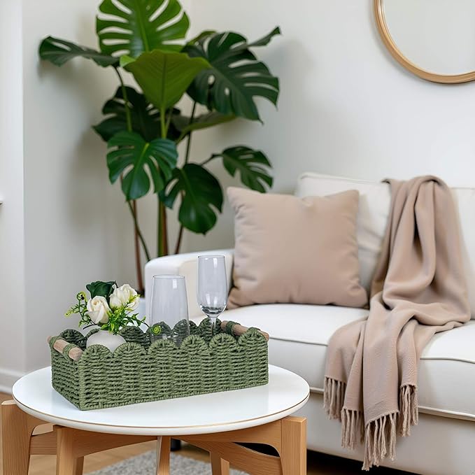 CubesLand Scalloped Decor Basket for Living Room, Home, Bathroom, 2SAME SIZE Paper Rope Basket, Toilet Storage Baskets for Over Toilet Storage Shelf, Cozy Woven Basket Both Storage&Decor, Green