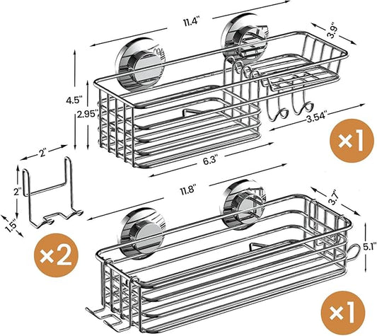 LEVERLOC Shower Caddy Suction Cup, 2 Pack Heavy Duty Bathroom Organizer for Inside Shower with Hooks & Soap holder, Removable and Rustproof Silver bathroom Holder Storage