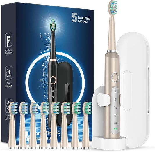 Rtauys M5 Sonic Electric Toothbrush for Adults - Rechargeable Electric Toothbrushes with 8 Brush Heads & Holder, Travel Case, Power Electric Toothbrush，120 Days Battery Life - Champagne