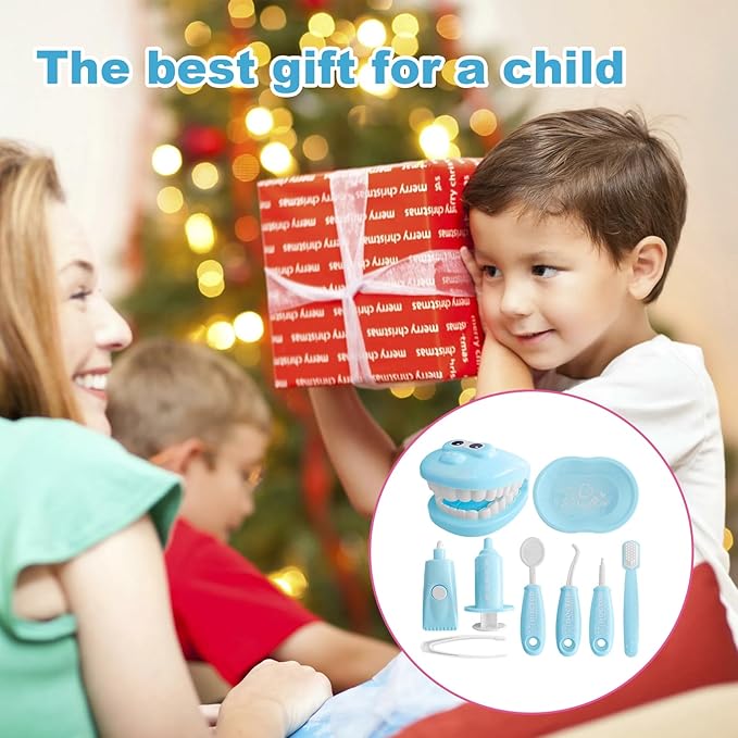 9-Piece Dental Pretend Play Set, Educational Dentist Play Kit with Teeth Model, Toothbrush, Dental Mirror, Syringe, Toothpaste, Tray, and Dental Tools, Fun Pretend Play Doctor Kit for Kids (Blue)